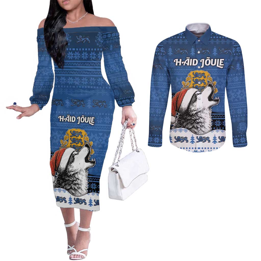 Personalized Estonia Christmas Couples Matching Off The Shoulder Long Sleeve Dress and Long Sleeve Button Shirt Haid Joule - Wonder Print Shop