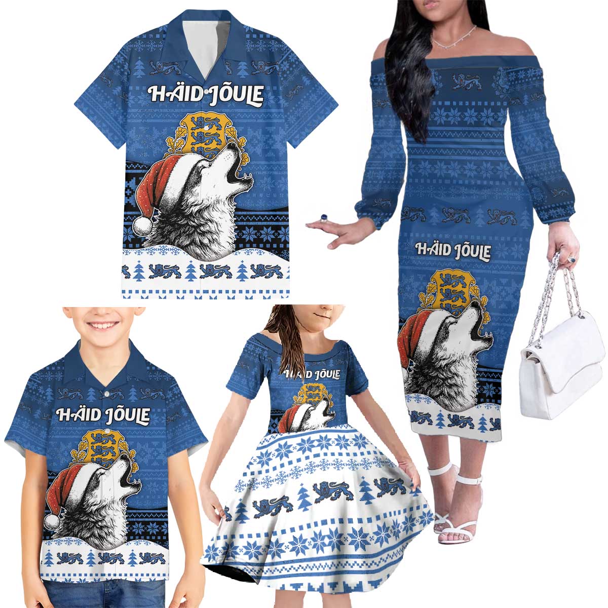 Personalized Estonia Christmas Family Matching Off The Shoulder Long Sleeve Dress and Hawaiian Shirt Haid Joule - Wonder Print Shop