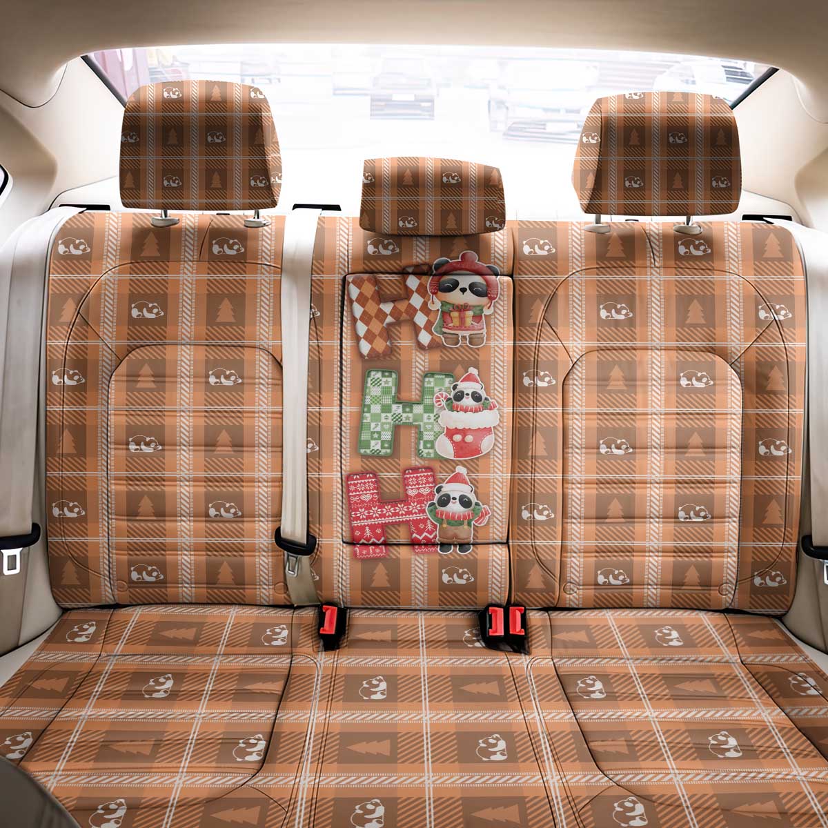 Panda Christmas Back Car Seat Cover Ho Ho Ho Caramel Pattern - Wonder Print Shop