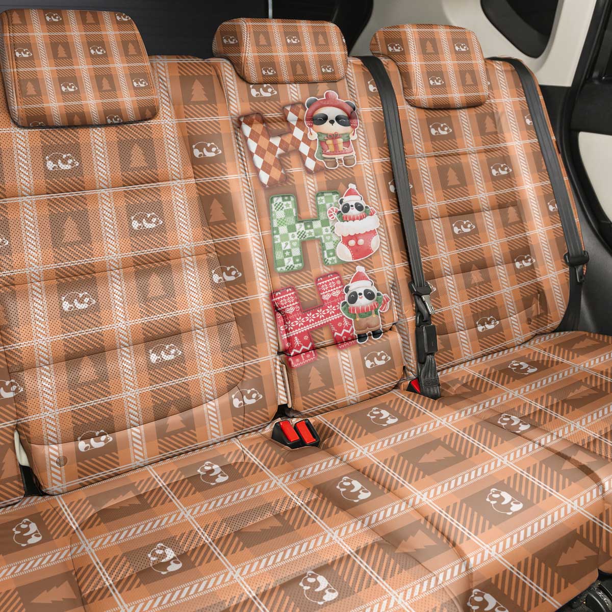 Panda Christmas Back Car Seat Cover Ho Ho Ho Caramel Pattern - Wonder Print Shop
