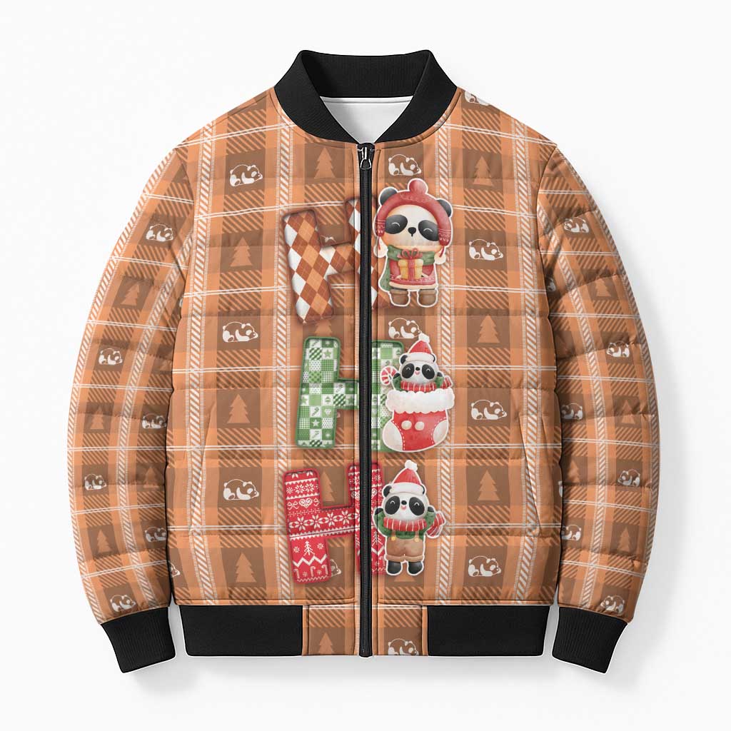 Panda Christmas Bomber Puffer Jacket Ho Ho Ho Caramel Pattern - Wonder Print Shop