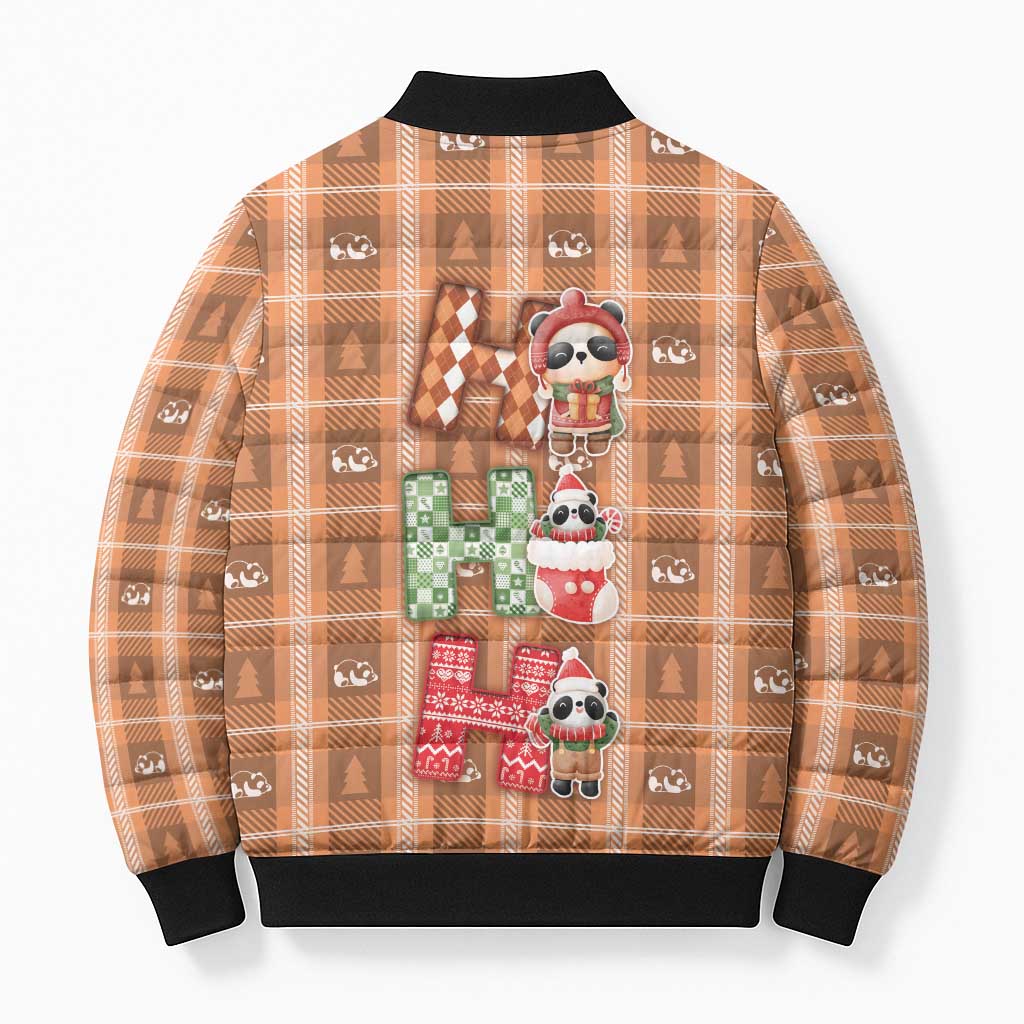 Panda Christmas Bomber Puffer Jacket Ho Ho Ho Caramel Pattern - Wonder Print Shop
