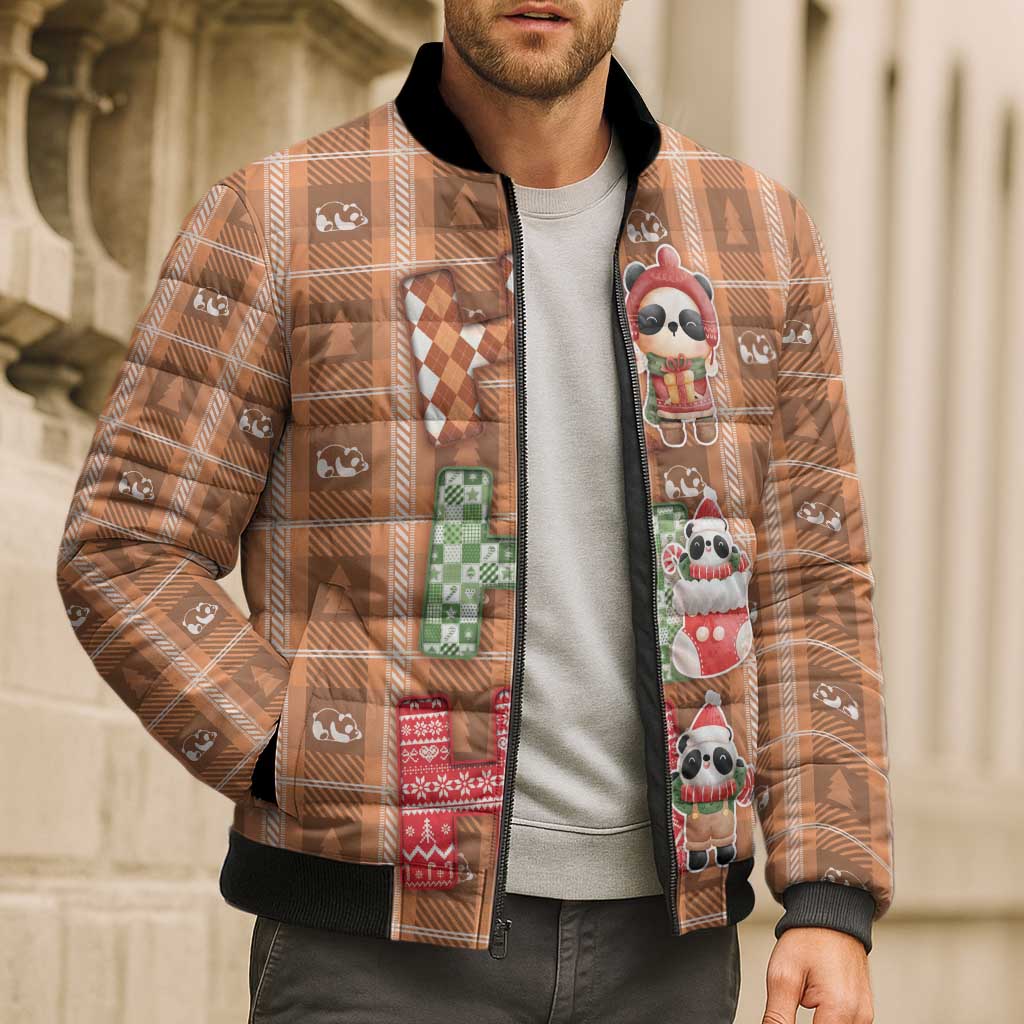 Panda Christmas Bomber Puffer Jacket Ho Ho Ho Caramel Pattern - Wonder Print Shop