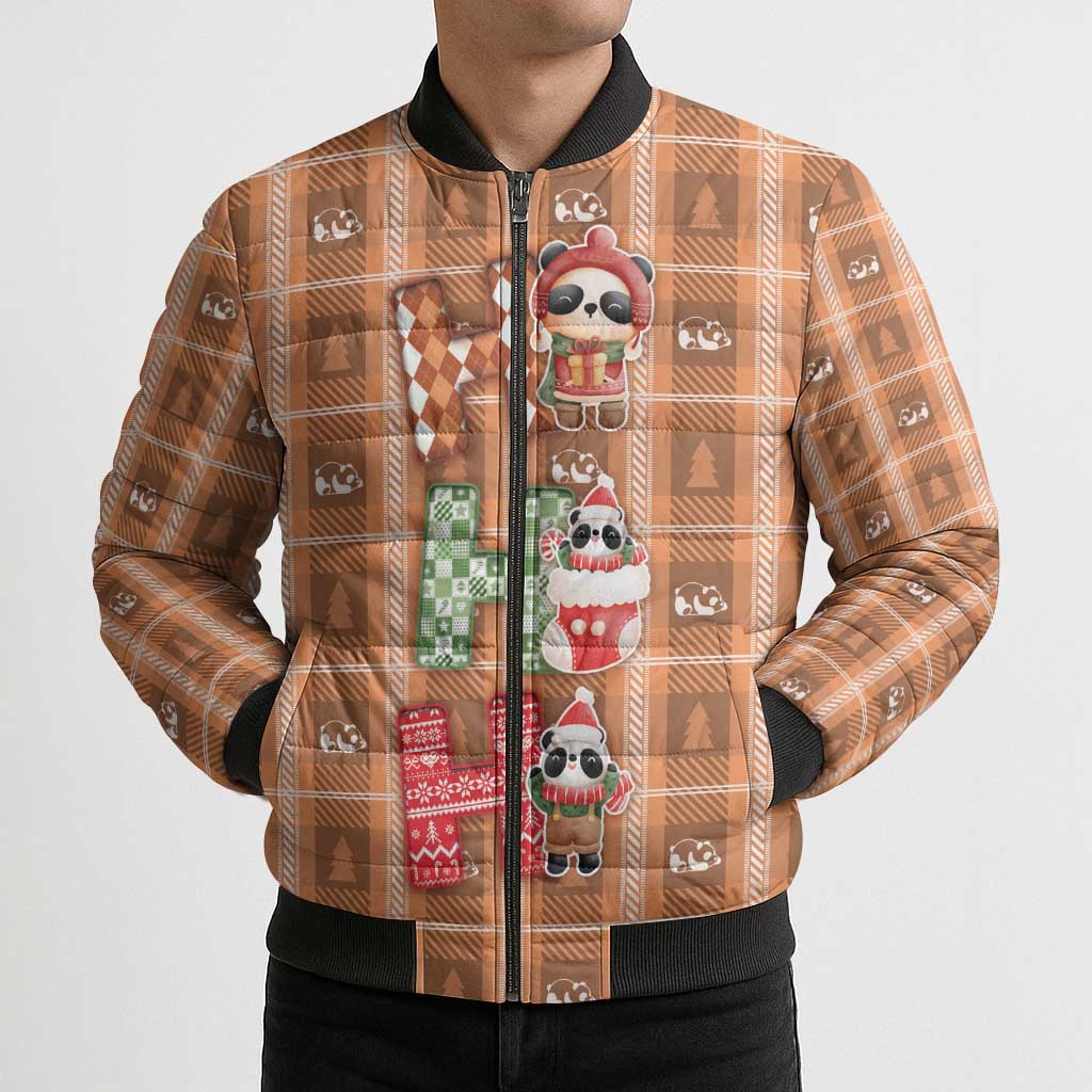 Panda Christmas Bomber Puffer Jacket Ho Ho Ho Caramel Pattern - Wonder Print Shop