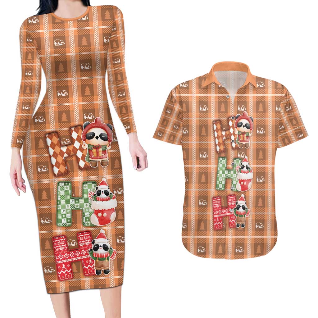 Panda Christmas Couples Matching Long Sleeve Bodycon Dress and Hawaiian Shirt Ho Ho Ho Caramel Pattern - Wonder Print Shop