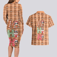 Panda Christmas Couples Matching Long Sleeve Bodycon Dress and Hawaiian Shirt Ho Ho Ho Caramel Pattern - Wonder Print Shop