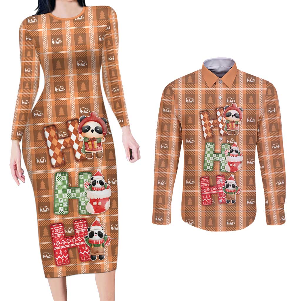 Panda Christmas Couples Matching Long Sleeve Bodycon Dress and Long Sleeve Button Shirt Ho Ho Ho Caramel Pattern - Wonder Print Shop