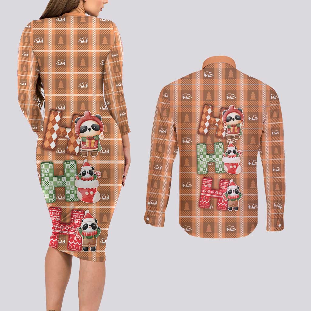 Panda Christmas Couples Matching Long Sleeve Bodycon Dress and Long Sleeve Button Shirt Ho Ho Ho Caramel Pattern - Wonder Print Shop