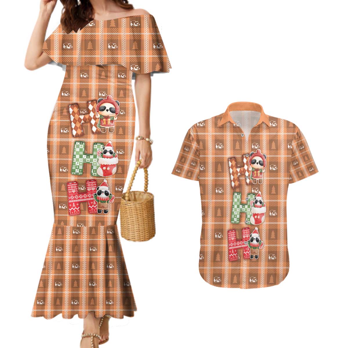 Panda Christmas Couples Matching Mermaid Dress and Hawaiian Shirt Ho Ho Ho Caramel Pattern - Wonder Print Shop