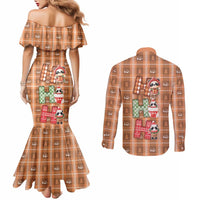 Panda Christmas Couples Matching Mermaid Dress and Long Sleeve Button Shirt Ho Ho Ho Caramel Pattern - Wonder Print Shop