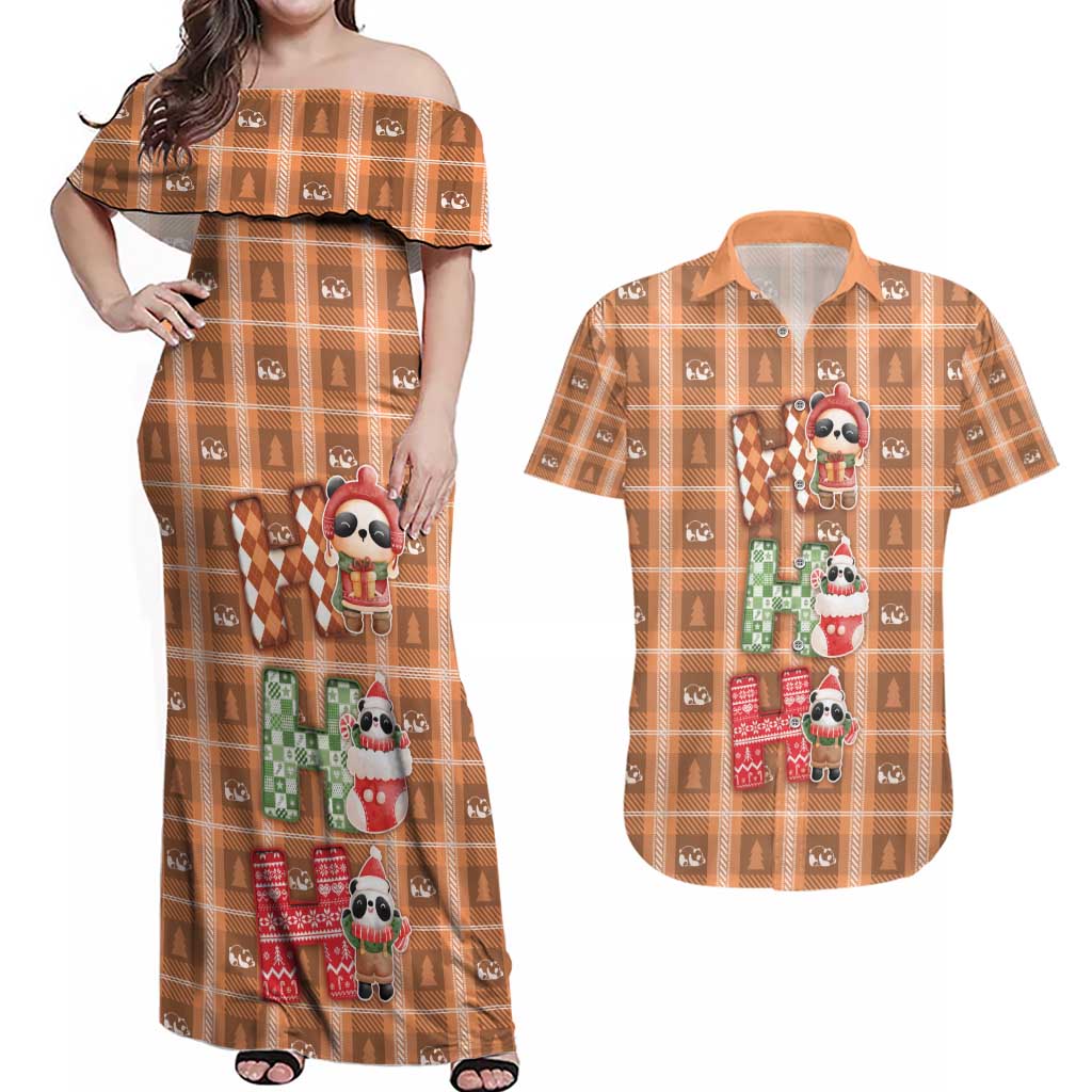 Panda Christmas Couples Matching Off Shoulder Maxi Dress and Hawaiian Shirt Ho Ho Ho Caramel Pattern - Wonder Print Shop