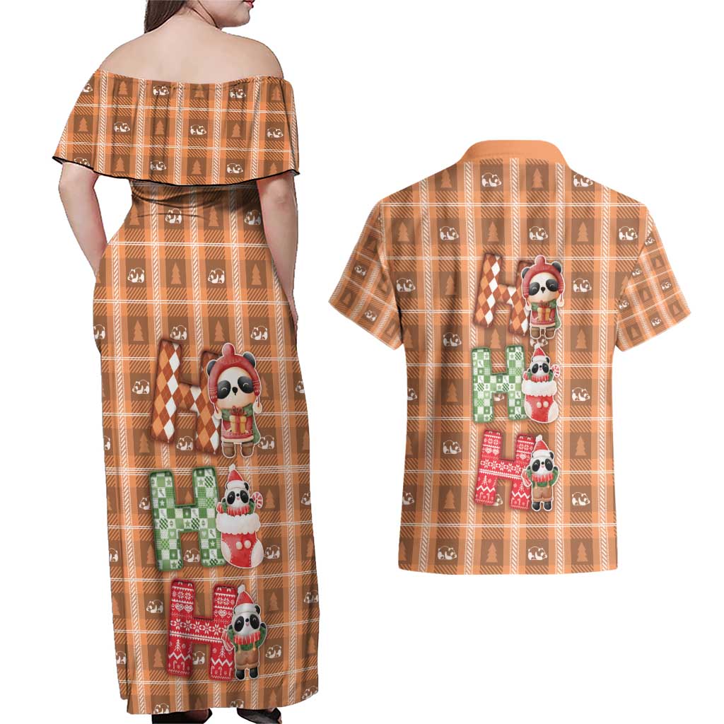 Panda Christmas Couples Matching Off Shoulder Maxi Dress and Hawaiian Shirt Ho Ho Ho Caramel Pattern - Wonder Print Shop