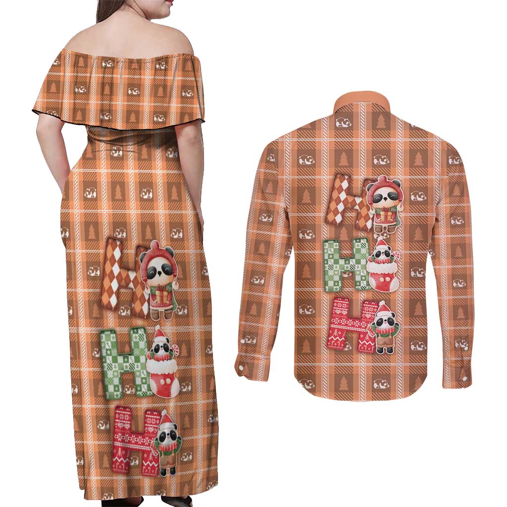 Panda Christmas Couples Matching Off Shoulder Maxi Dress and Long Sleeve Button Shirt Ho Ho Ho Caramel Pattern - Wonder Print Shop