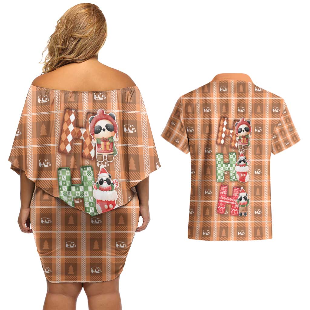 Panda Christmas Couples Matching Off Shoulder Short Dress and Hawaiian Shirt Ho Ho Ho Caramel Pattern - Wonder Print Shop