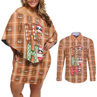 Panda Christmas Couples Matching Off Shoulder Short Dress and Long Sleeve Button Shirt Ho Ho Ho Caramel Pattern - Wonder Print Shop