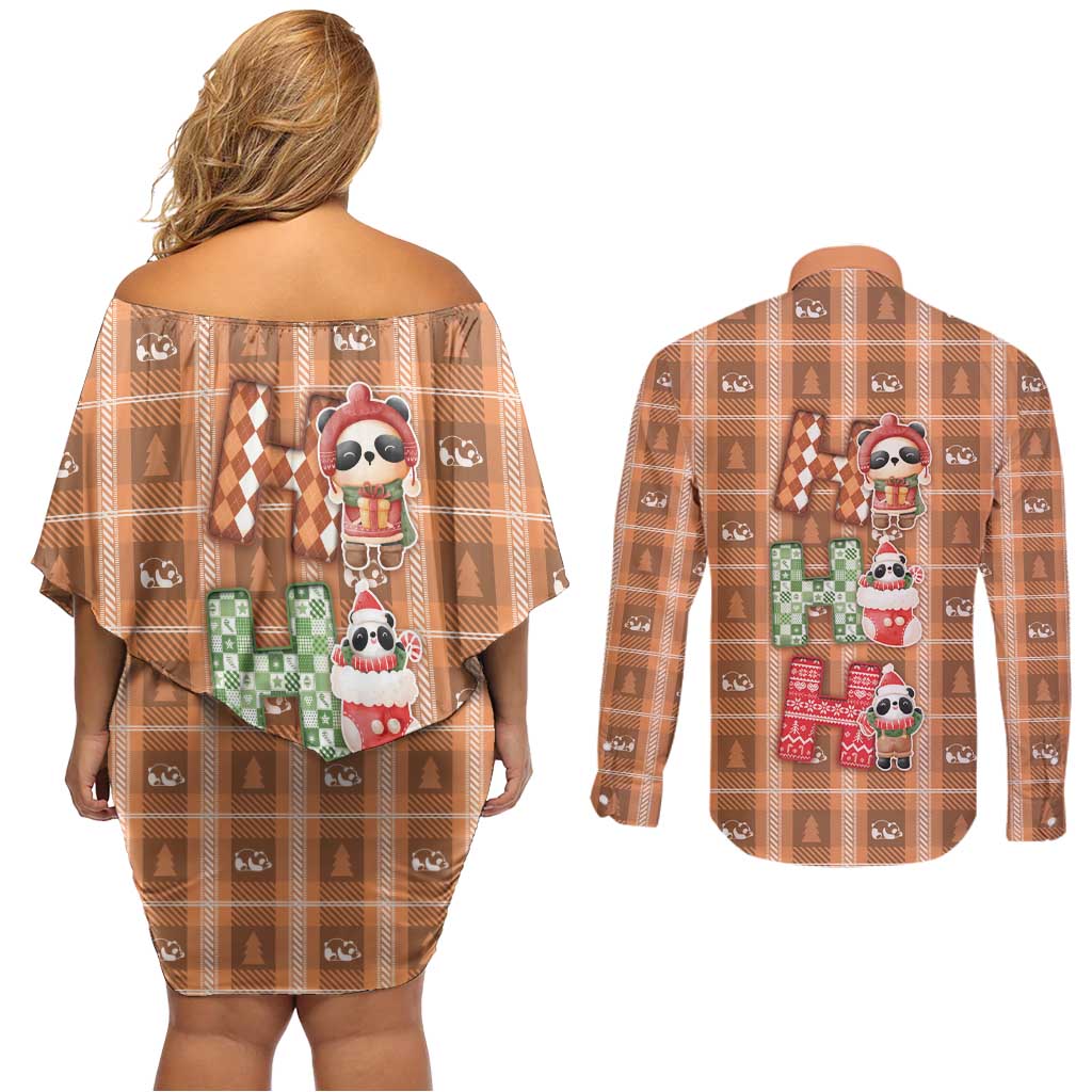 Panda Christmas Couples Matching Off Shoulder Short Dress and Long Sleeve Button Shirt Ho Ho Ho Caramel Pattern - Wonder Print Shop
