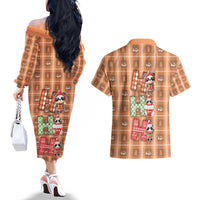 Panda Christmas Couples Matching Off The Shoulder Long Sleeve Dress and Hawaiian Shirt Ho Ho Ho Caramel Pattern - Wonder Print Shop