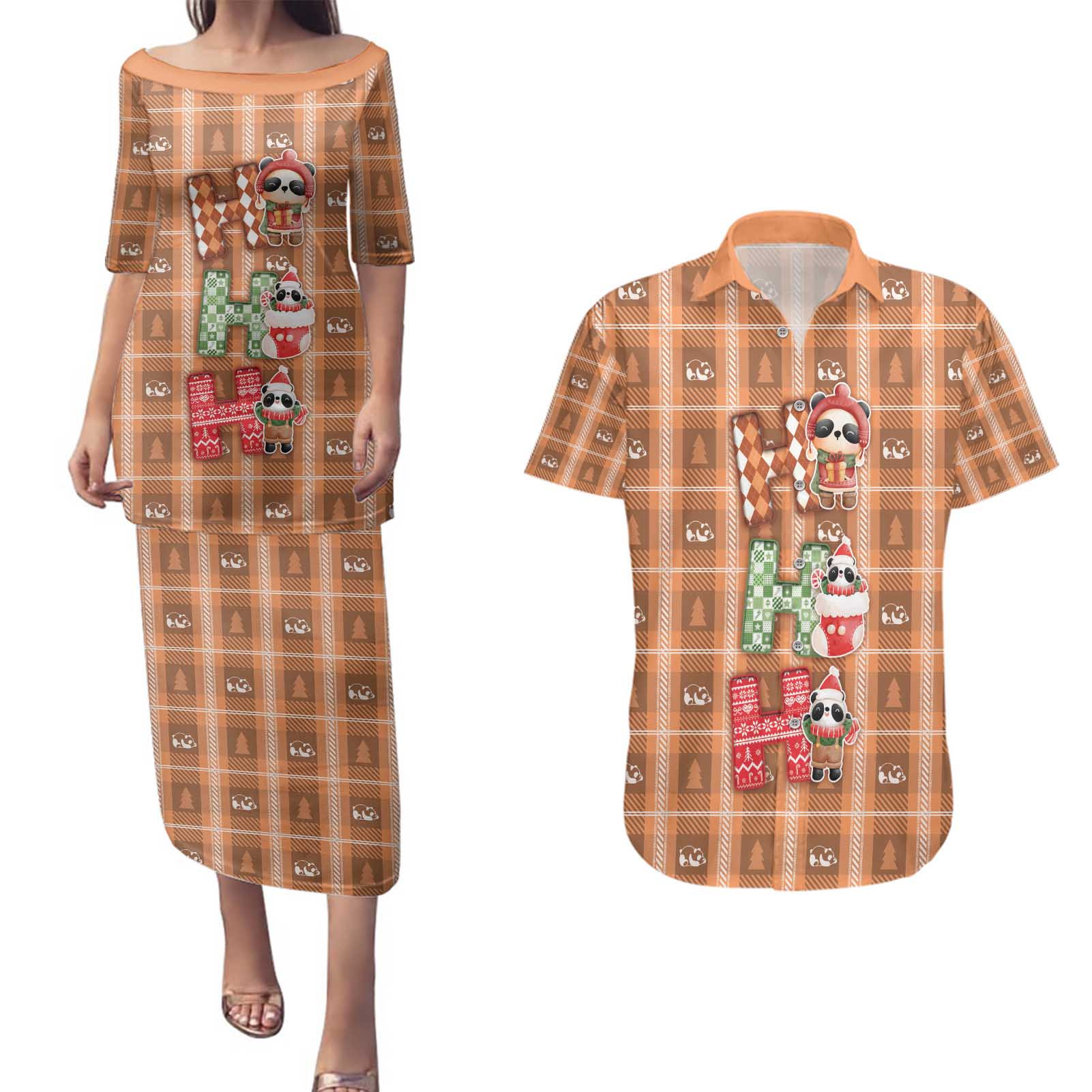 Panda Christmas Couples Matching Puletasi and Hawaiian Shirt Ho Ho Ho Caramel Pattern - Wonder Print Shop