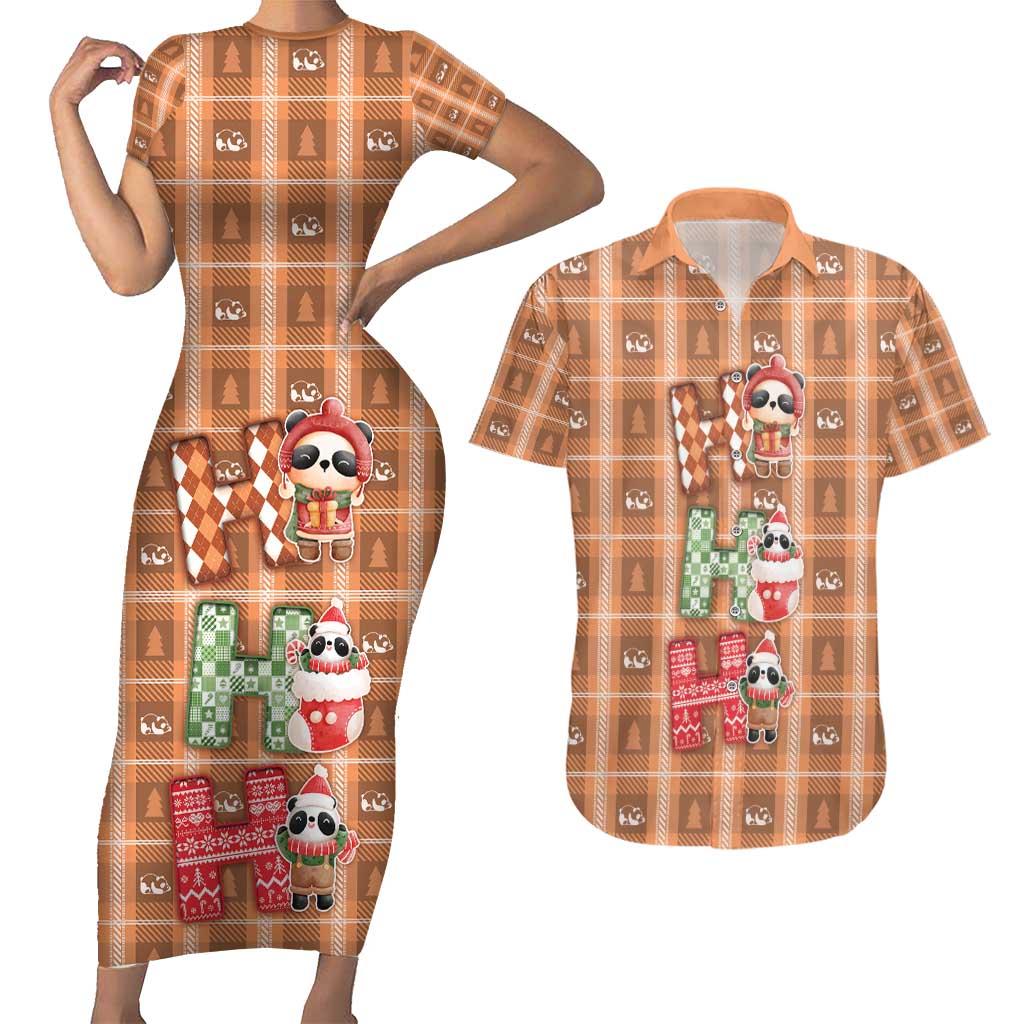 Panda Christmas Couples Matching Short Sleeve Bodycon Dress and Hawaiian Shirt Ho Ho Ho Caramel Pattern - Wonder Print Shop