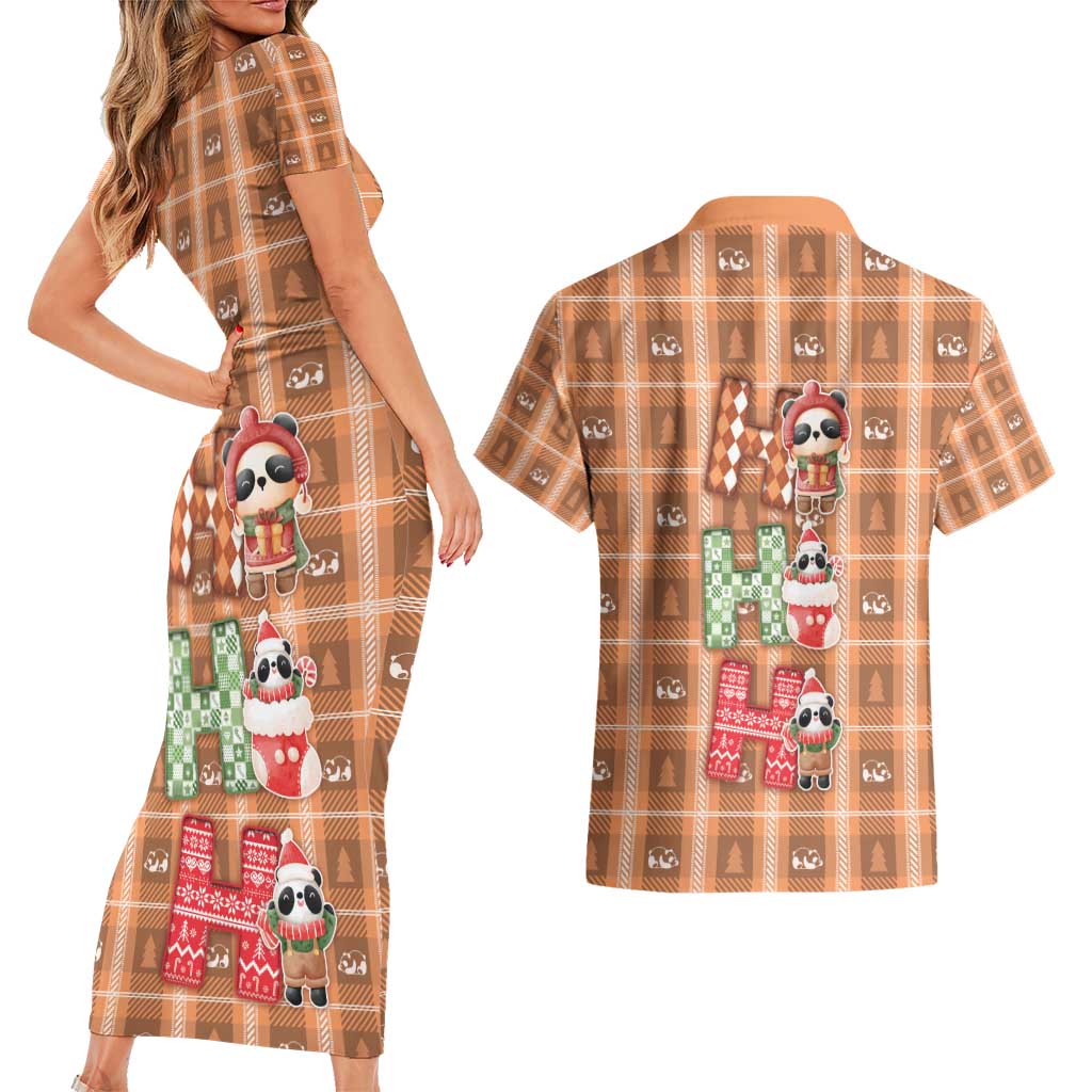 Panda Christmas Couples Matching Short Sleeve Bodycon Dress and Hawaiian Shirt Ho Ho Ho Caramel Pattern - Wonder Print Shop
