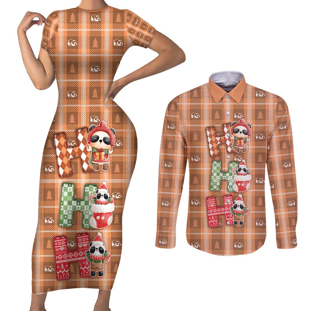 Panda Christmas Couples Matching Short Sleeve Bodycon Dress and Long Sleeve Button Shirt Ho Ho Ho Caramel Pattern - Wonder Print Shop