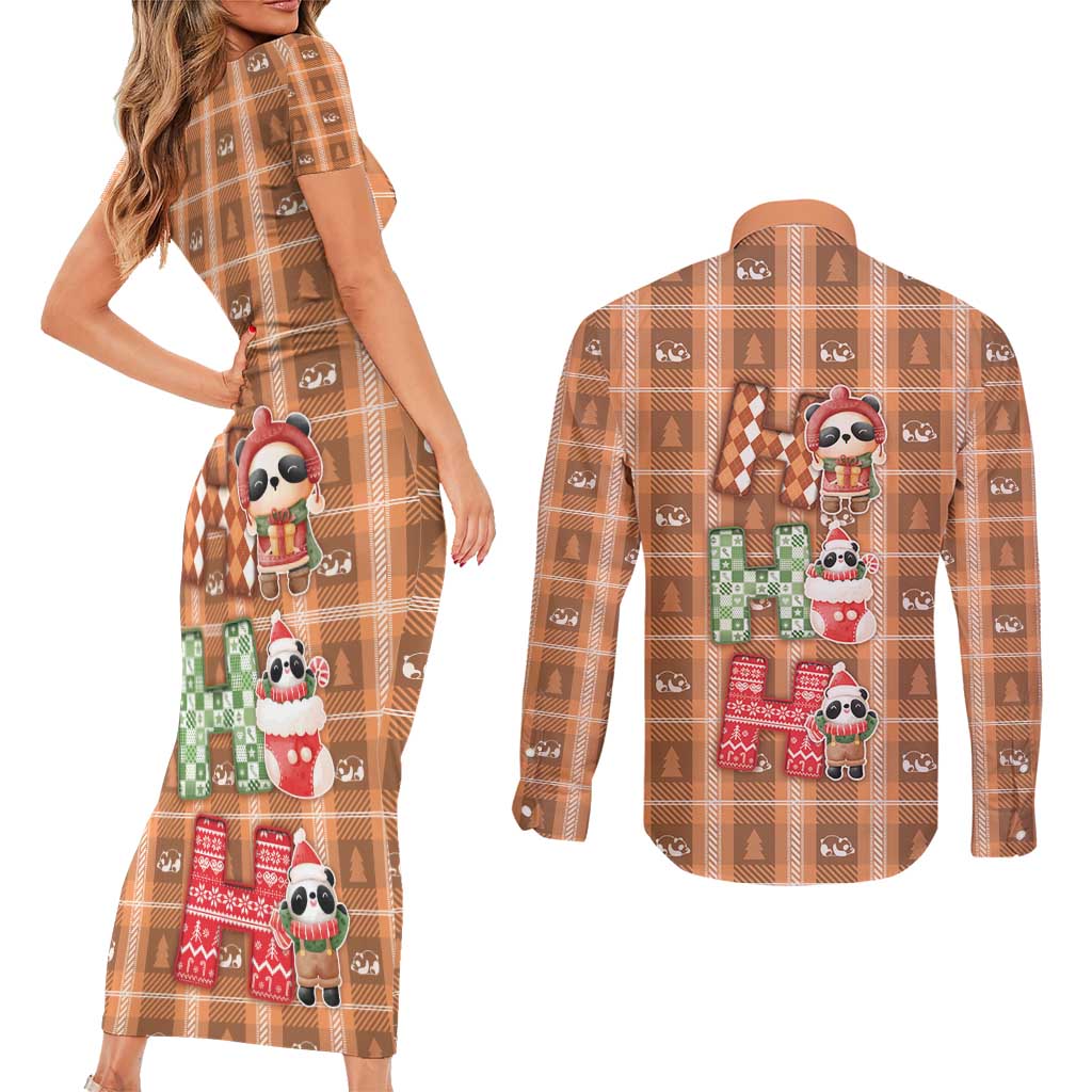 Panda Christmas Couples Matching Short Sleeve Bodycon Dress and Long Sleeve Button Shirt Ho Ho Ho Caramel Pattern - Wonder Print Shop