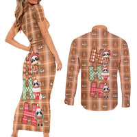 Panda Christmas Couples Matching Short Sleeve Bodycon Dress and Long Sleeve Button Shirt Ho Ho Ho Caramel Pattern - Wonder Print Shop