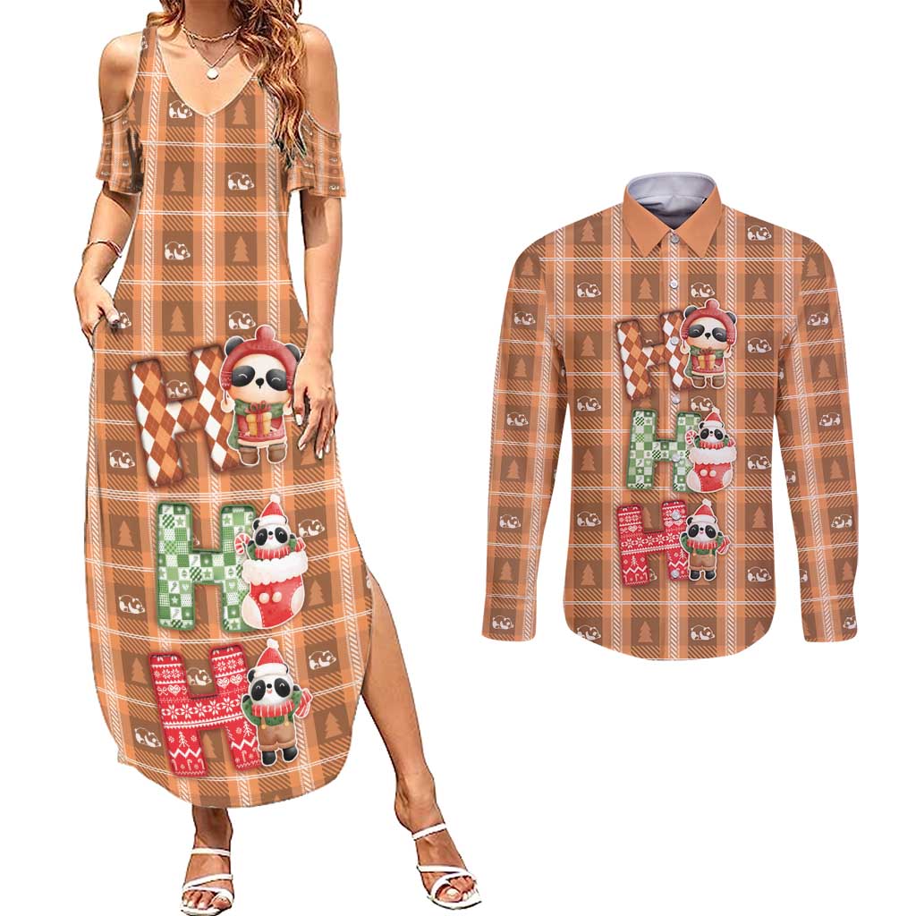 Panda Christmas Couples Matching Summer Maxi Dress and Long Sleeve Button Shirt Ho Ho Ho Caramel Pattern - Wonder Print Shop