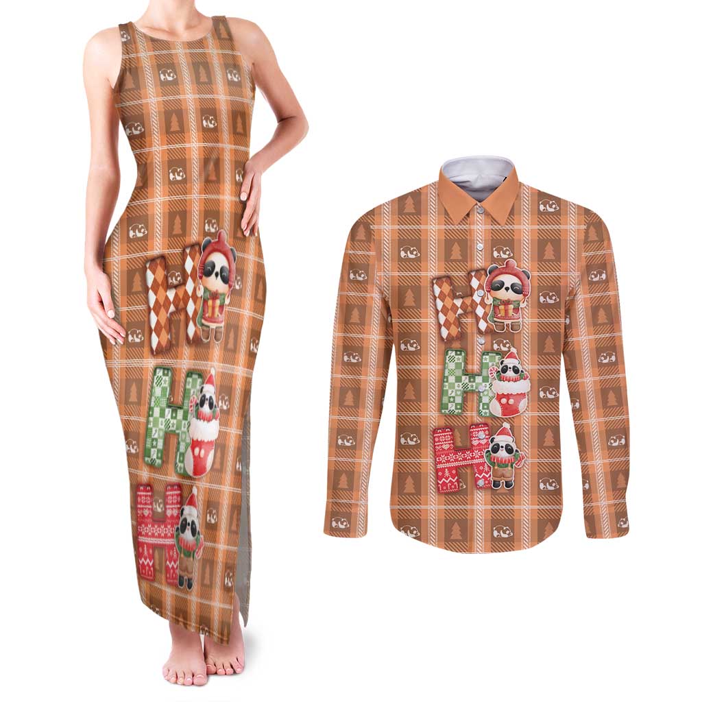 Panda Christmas Couples Matching Tank Maxi Dress and Long Sleeve Button Shirt Ho Ho Ho Caramel Pattern - Wonder Print Shop