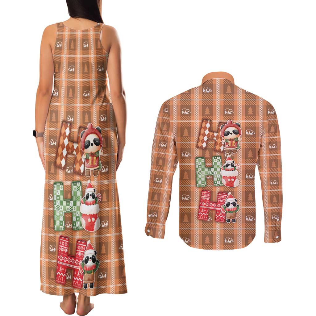 Panda Christmas Couples Matching Tank Maxi Dress and Long Sleeve Button Shirt Ho Ho Ho Caramel Pattern - Wonder Print Shop