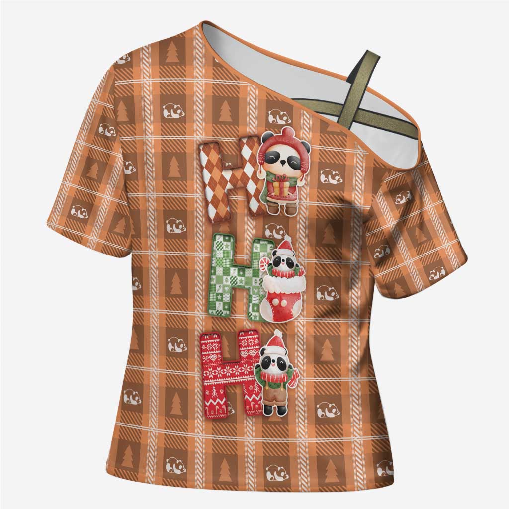 Panda Christmas Cross Shoulder Shirt Ho Ho Ho Caramel Pattern - Wonder Print Shop