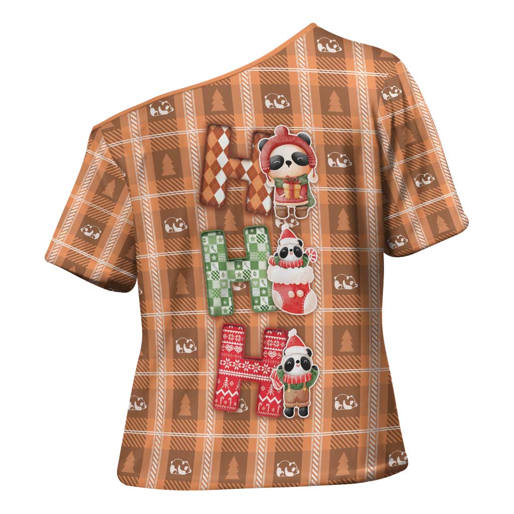 Panda Christmas Cross Shoulder Shirt Ho Ho Ho Caramel Pattern - Wonder Print Shop