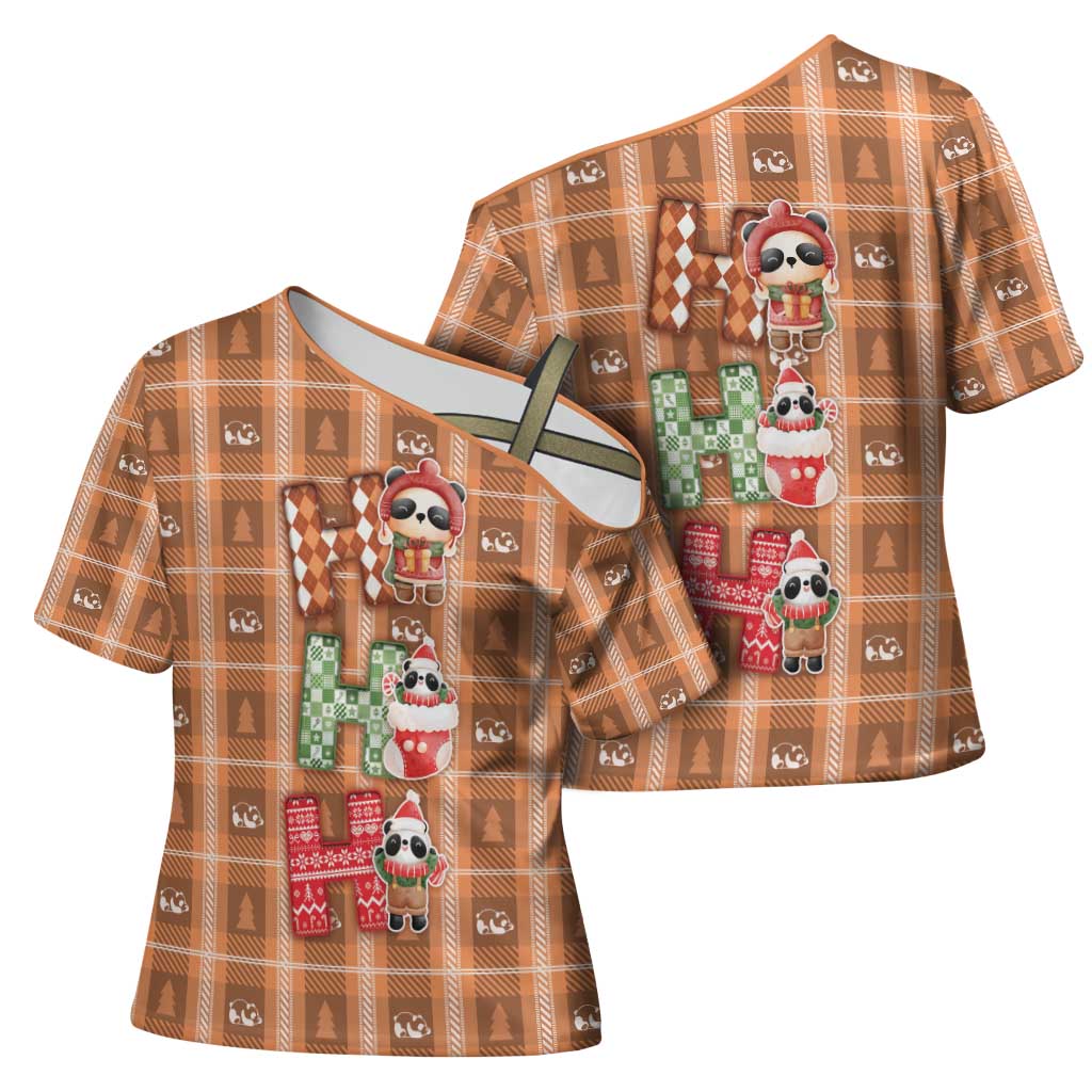 Panda Christmas Cross Shoulder Shirt Ho Ho Ho Caramel Pattern - Wonder Print Shop