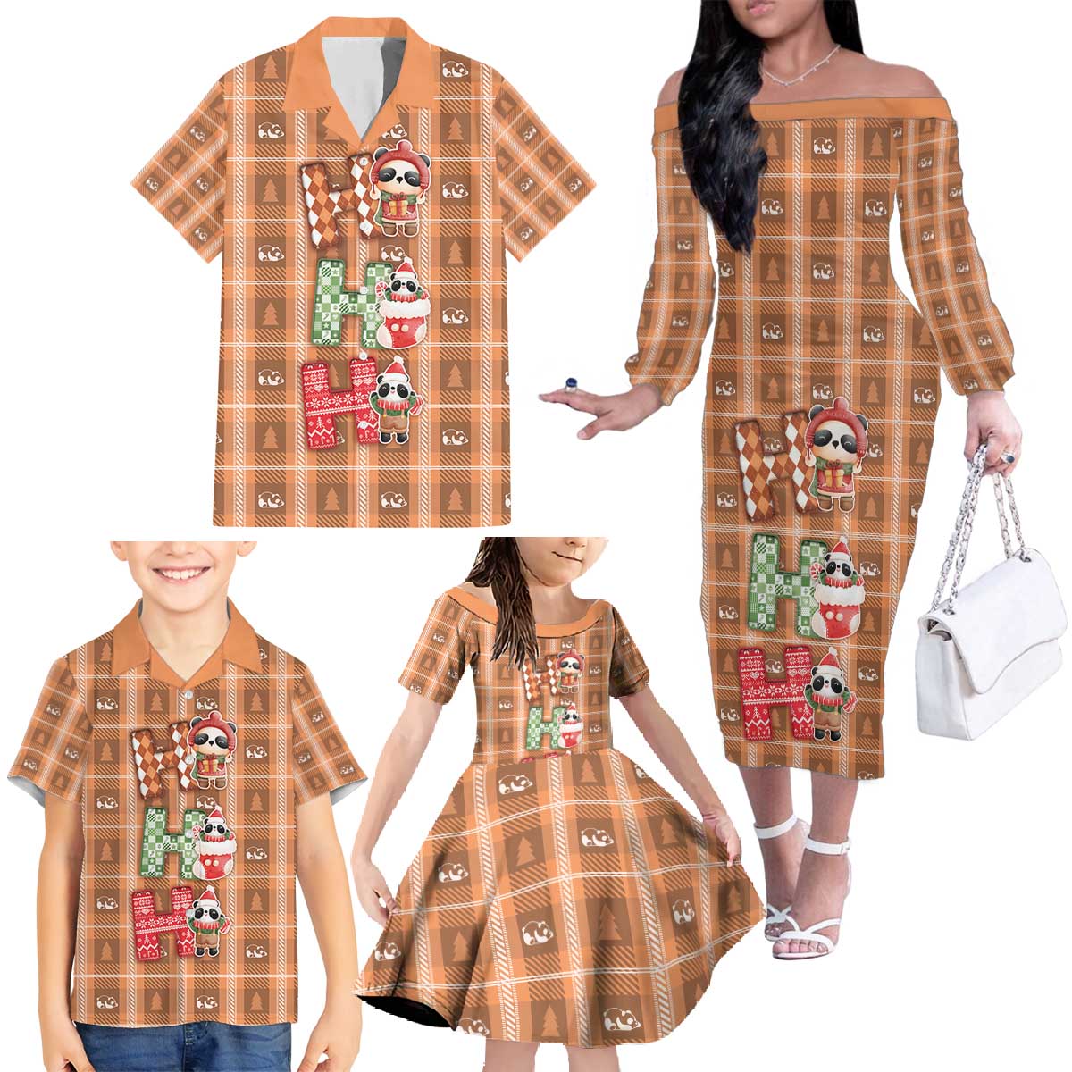 Panda Christmas Family Matching Off The Shoulder Long Sleeve Dress and Hawaiian Shirt Ho Ho Ho Caramel Pattern - Wonder Print Shop