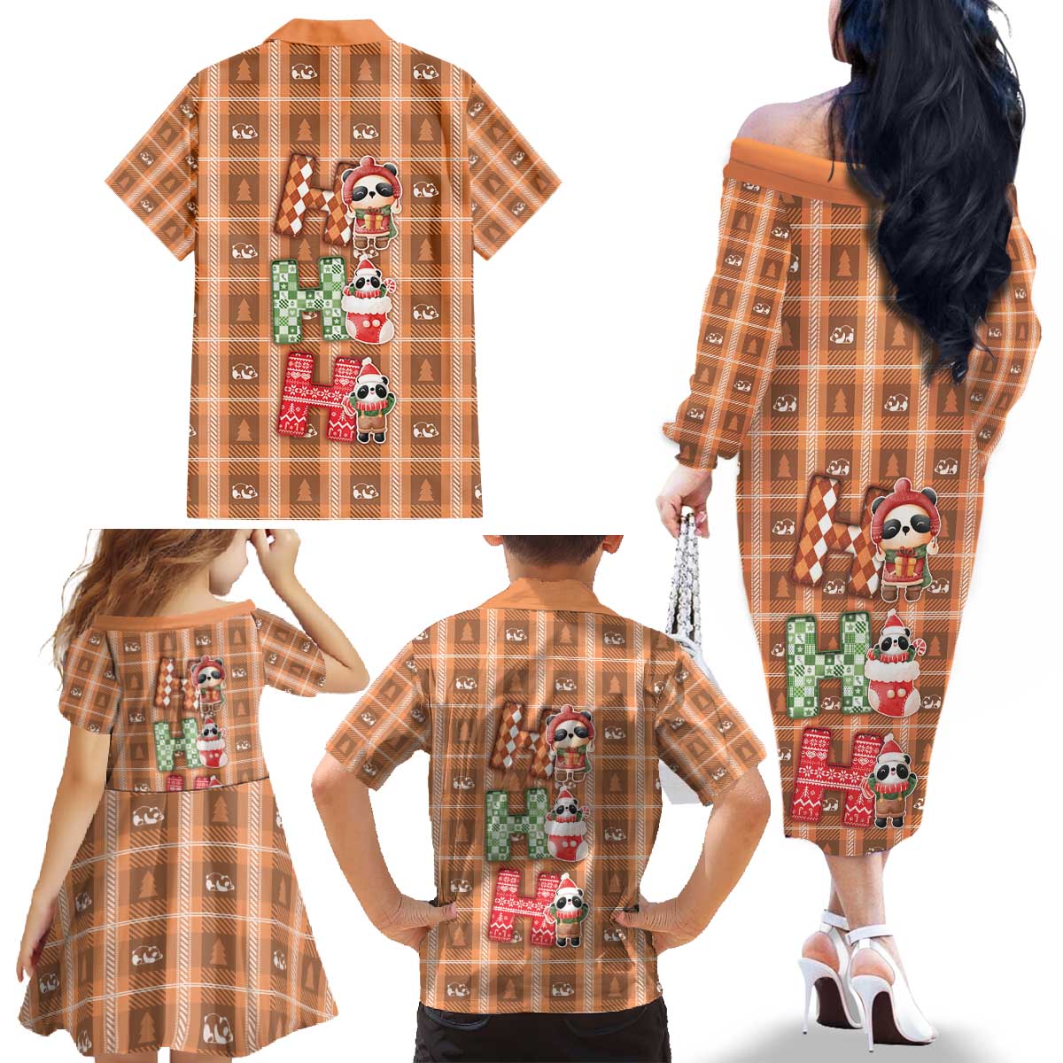 Panda Christmas Family Matching Off The Shoulder Long Sleeve Dress and Hawaiian Shirt Ho Ho Ho Caramel Pattern - Wonder Print Shop