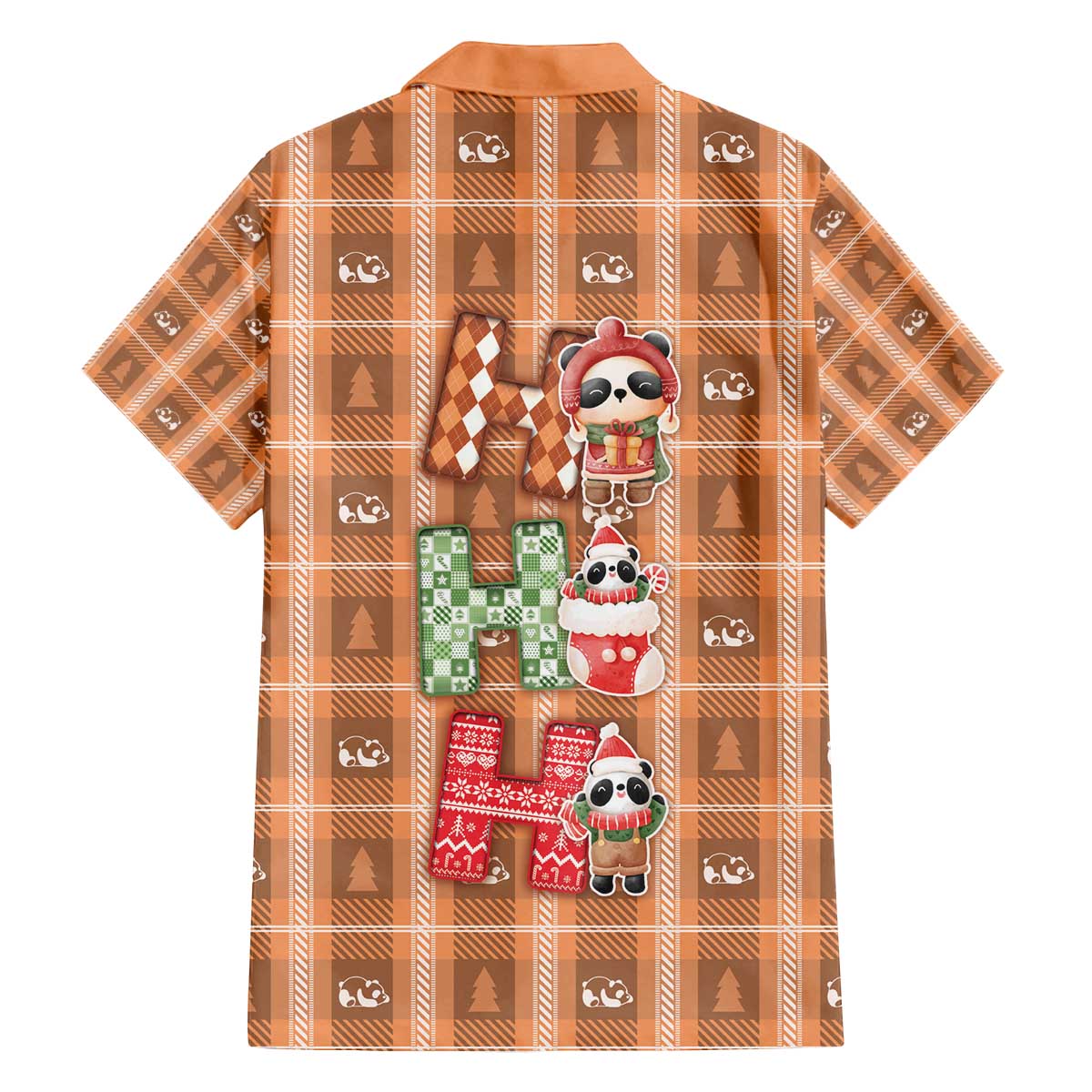Panda Christmas Family Matching Off The Shoulder Long Sleeve Dress and Hawaiian Shirt Ho Ho Ho Caramel Pattern - Wonder Print Shop