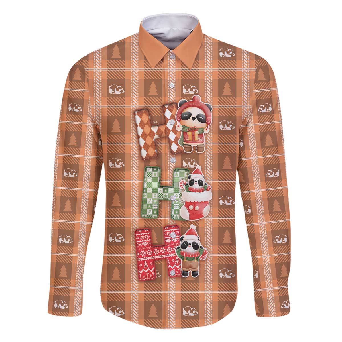 Panda Christmas Family Matching Off The Shoulder Long Sleeve Dress and Hawaiian Shirt Ho Ho Ho Caramel Pattern - Wonder Print Shop