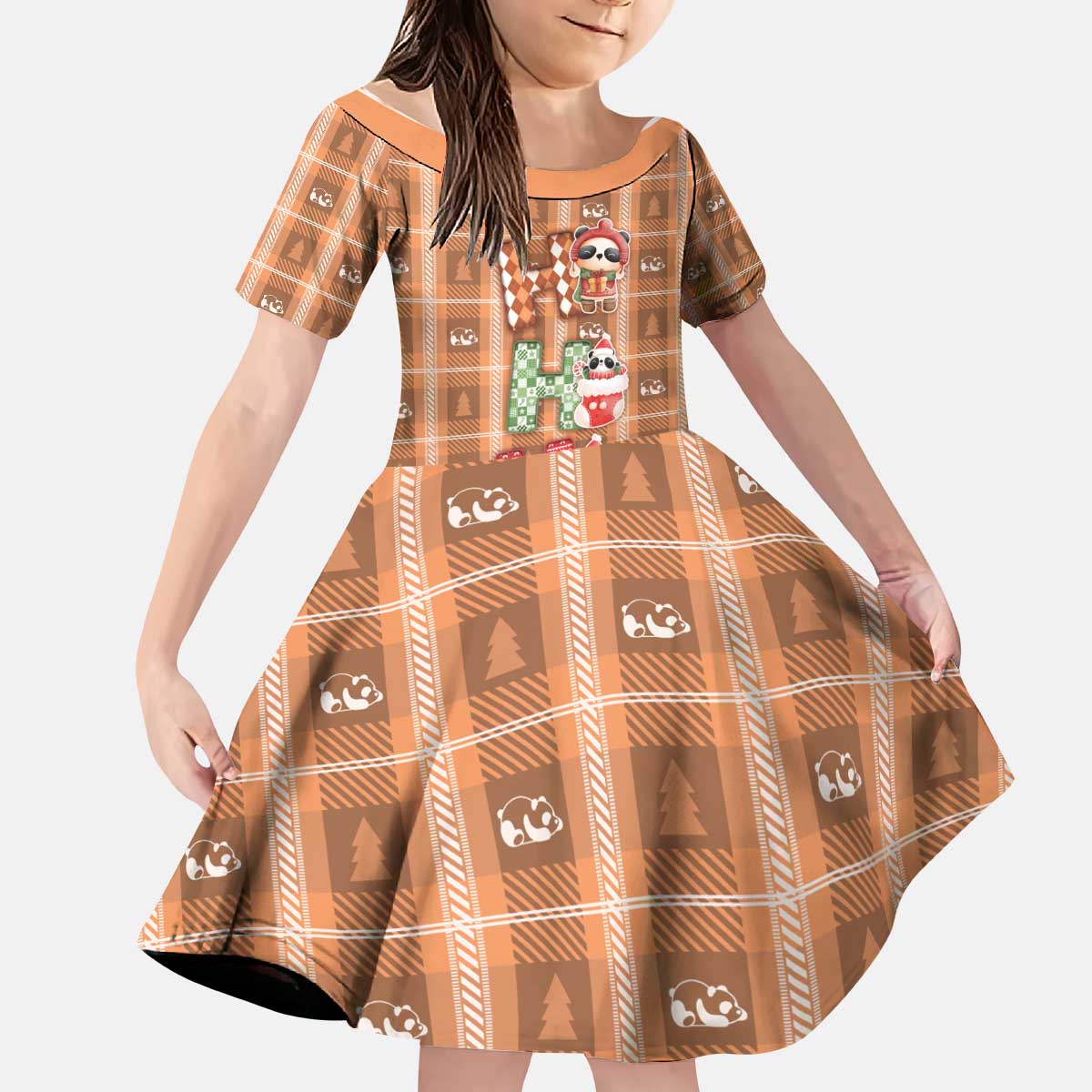 Panda Christmas Kid Short Sleeve Dress Ho Ho Ho Caramel Pattern - Wonder Print Shop