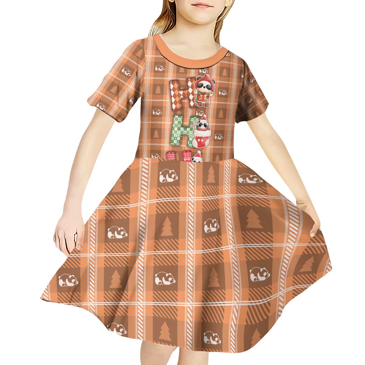 Panda Christmas Kid Short Sleeve Dress Ho Ho Ho Caramel Pattern - Wonder Print Shop