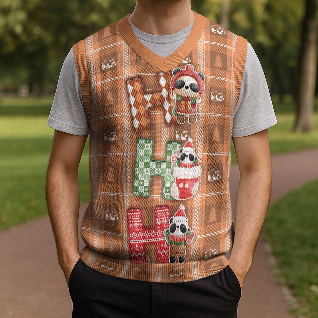 Panda Christmas Knitted V-Neck Vest Ho Ho Ho Caramel Pattern - Wonder Print Shop