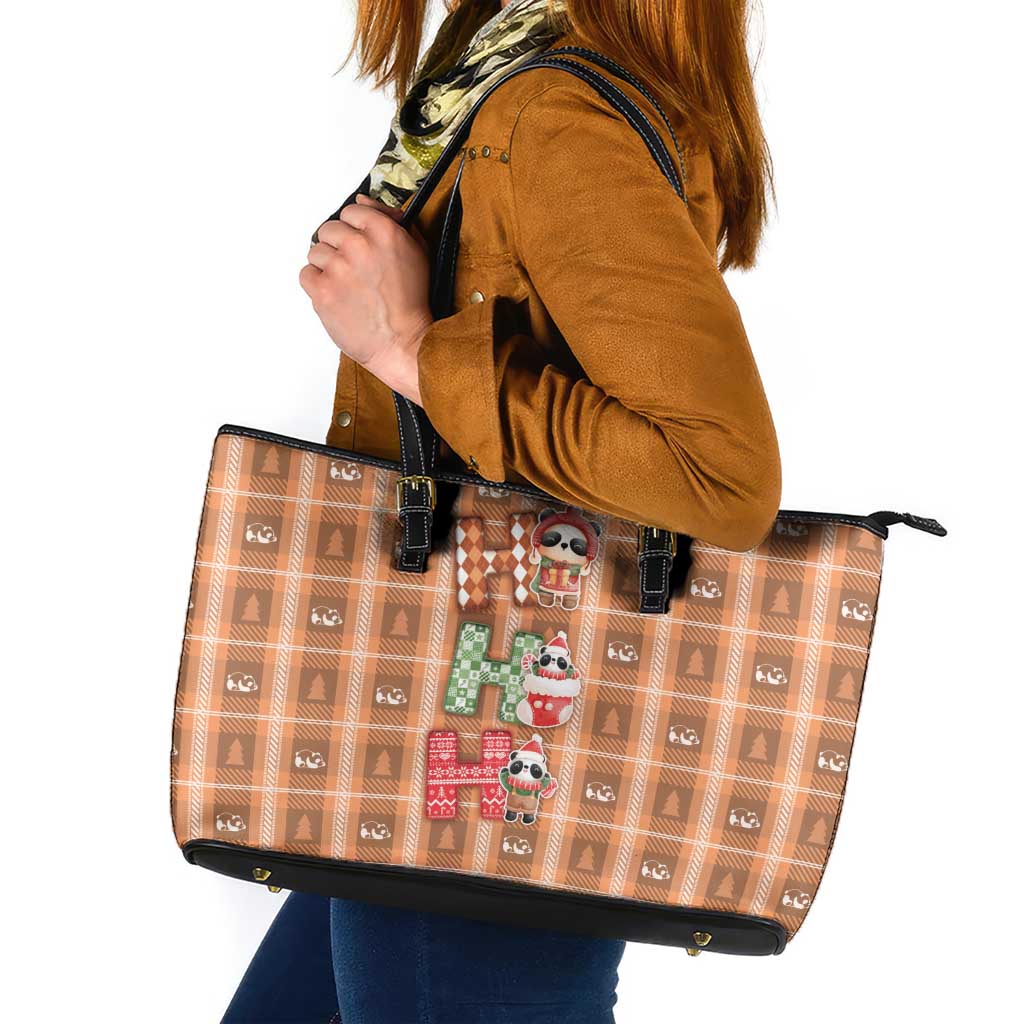 Panda Christmas Leather Tote Bag Ho Ho Ho Caramel Pattern - Wonder Print Shop