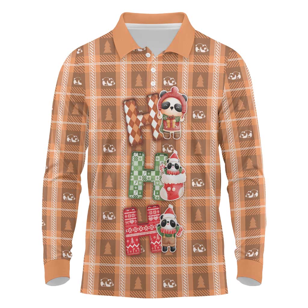 Panda Christmas Long Sleeve Polo Shirt Ho Ho Ho Caramel Pattern - Wonder Print Shop
