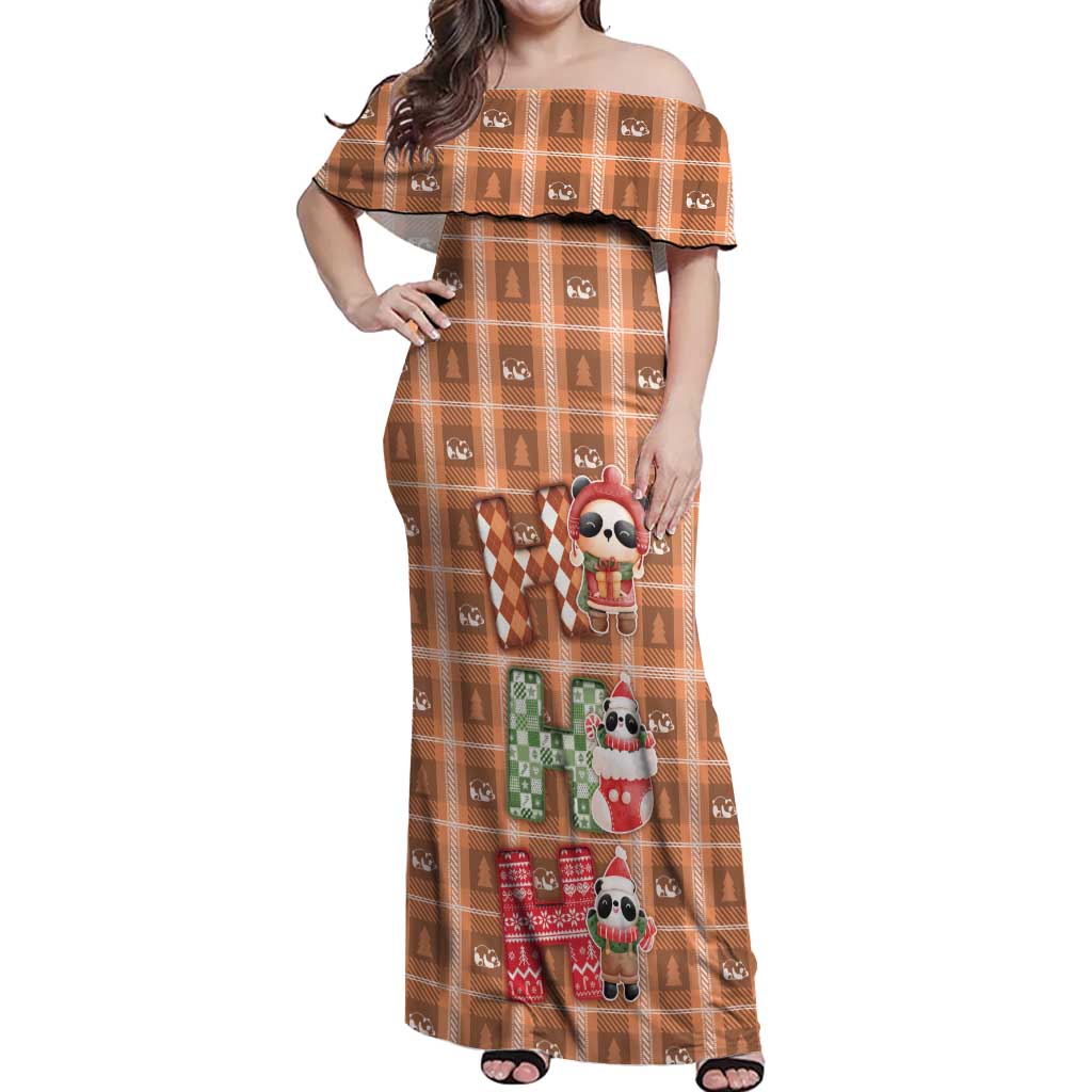 Panda Christmas Off Shoulder Maxi Dress Ho Ho Ho Caramel Pattern - Wonder Print Shop