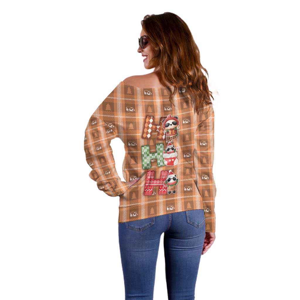 Panda Christmas Off Shoulder Sweater Ho Ho Ho Caramel Pattern - Wonder Print Shop