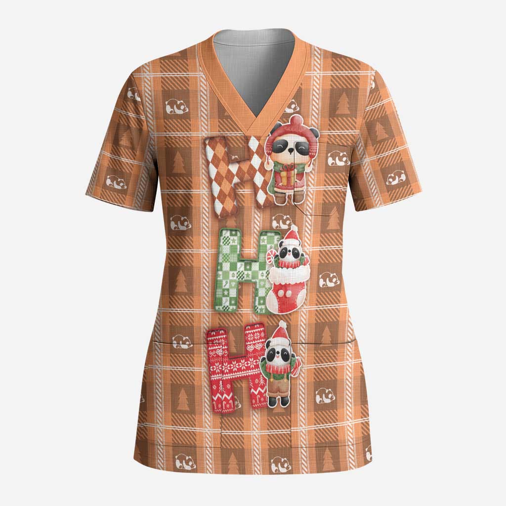 Panda Christmas Scrub Top Ho Ho Ho Caramel Pattern - Wonder Print Shop