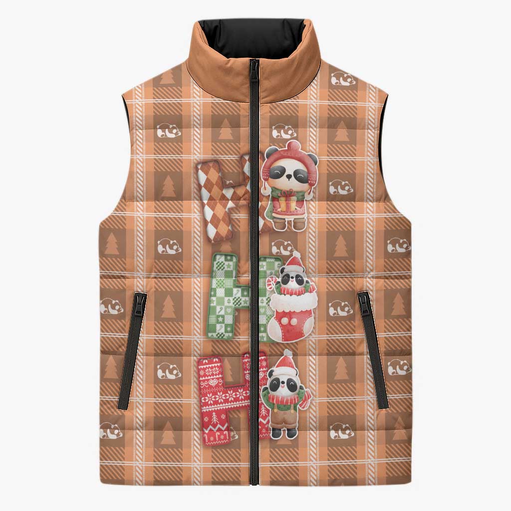 Panda Christmas Sleeveless Puffer Jacket Ho Ho Ho Caramel Pattern - Wonder Print Shop