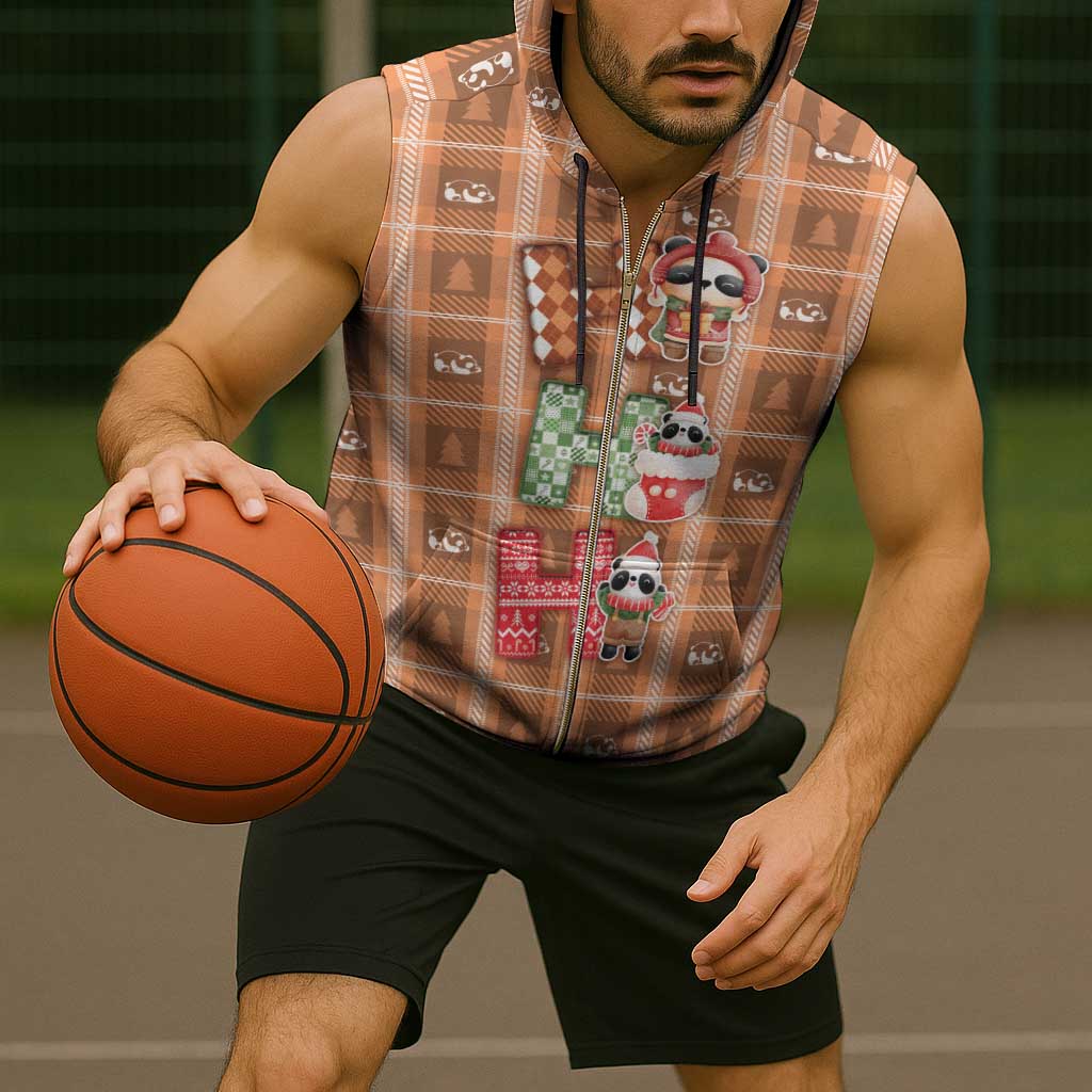 Panda Christmas Sleeveless Zip Hoodie Ho Ho Ho Caramel Pattern - Wonder Print Shop