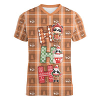 Panda Christmas Women V-Neck T-Shirt Ho Ho Ho Caramel Pattern - Wonder Print Shop