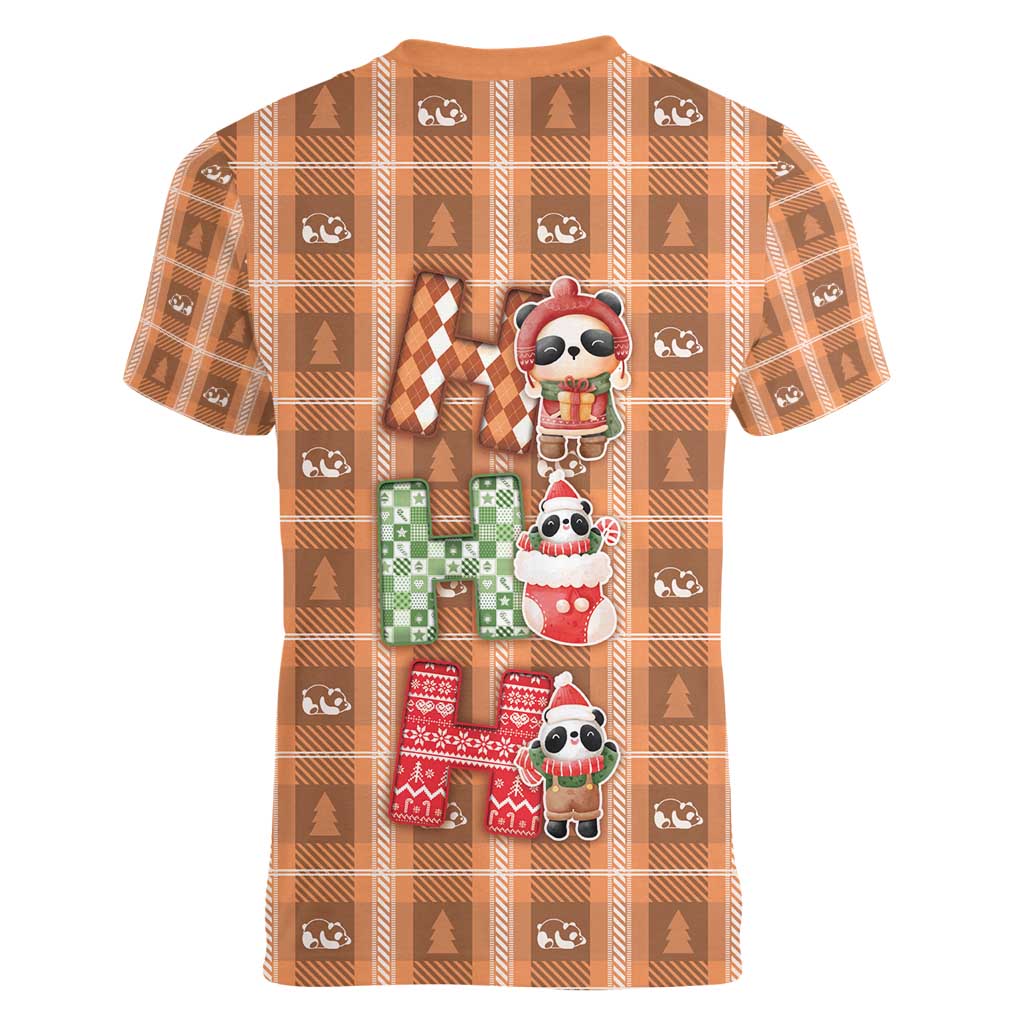 Panda Christmas Women V-Neck T-Shirt Ho Ho Ho Caramel Pattern - Wonder Print Shop