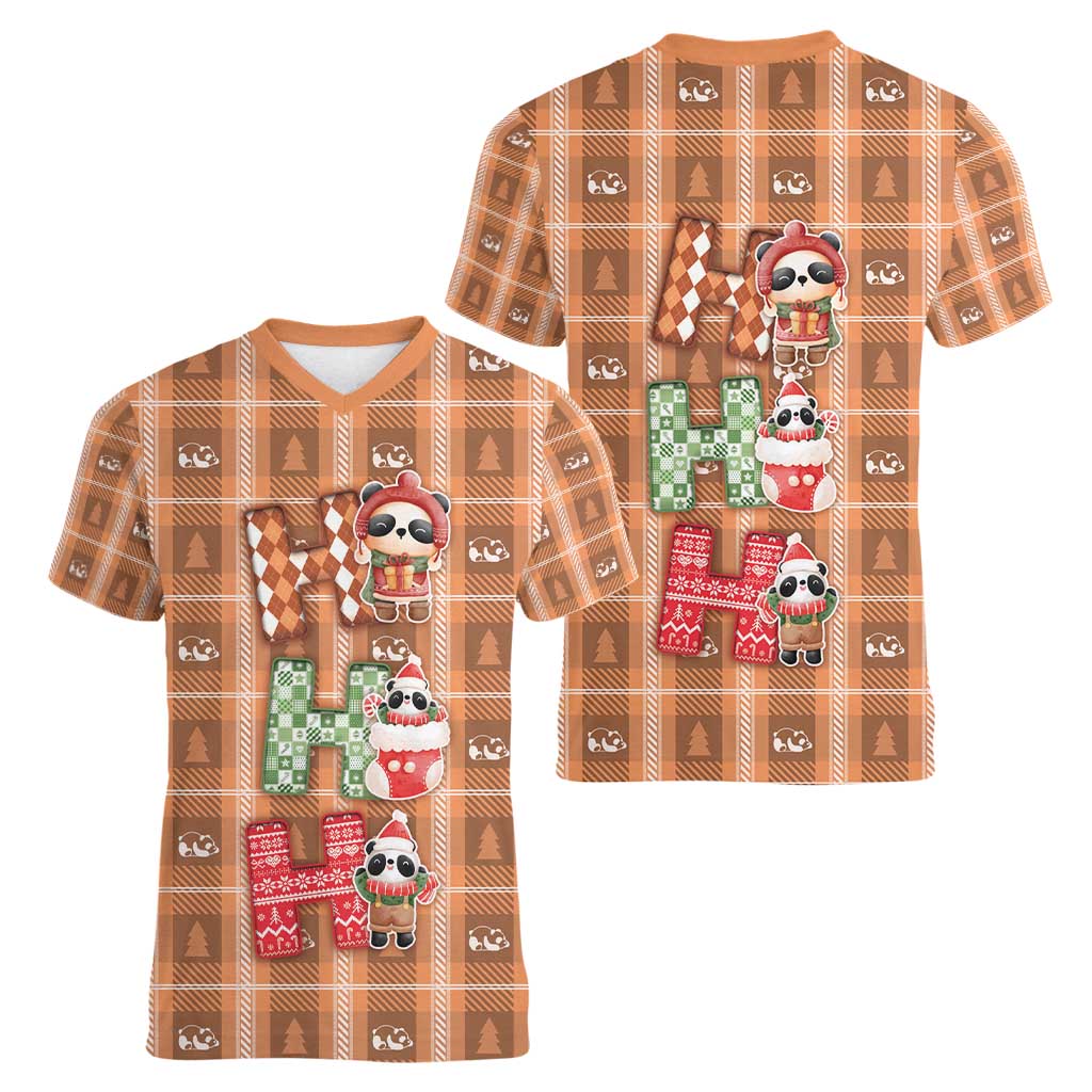 Panda Christmas Women V-Neck T-Shirt Ho Ho Ho Caramel Pattern - Wonder Print Shop